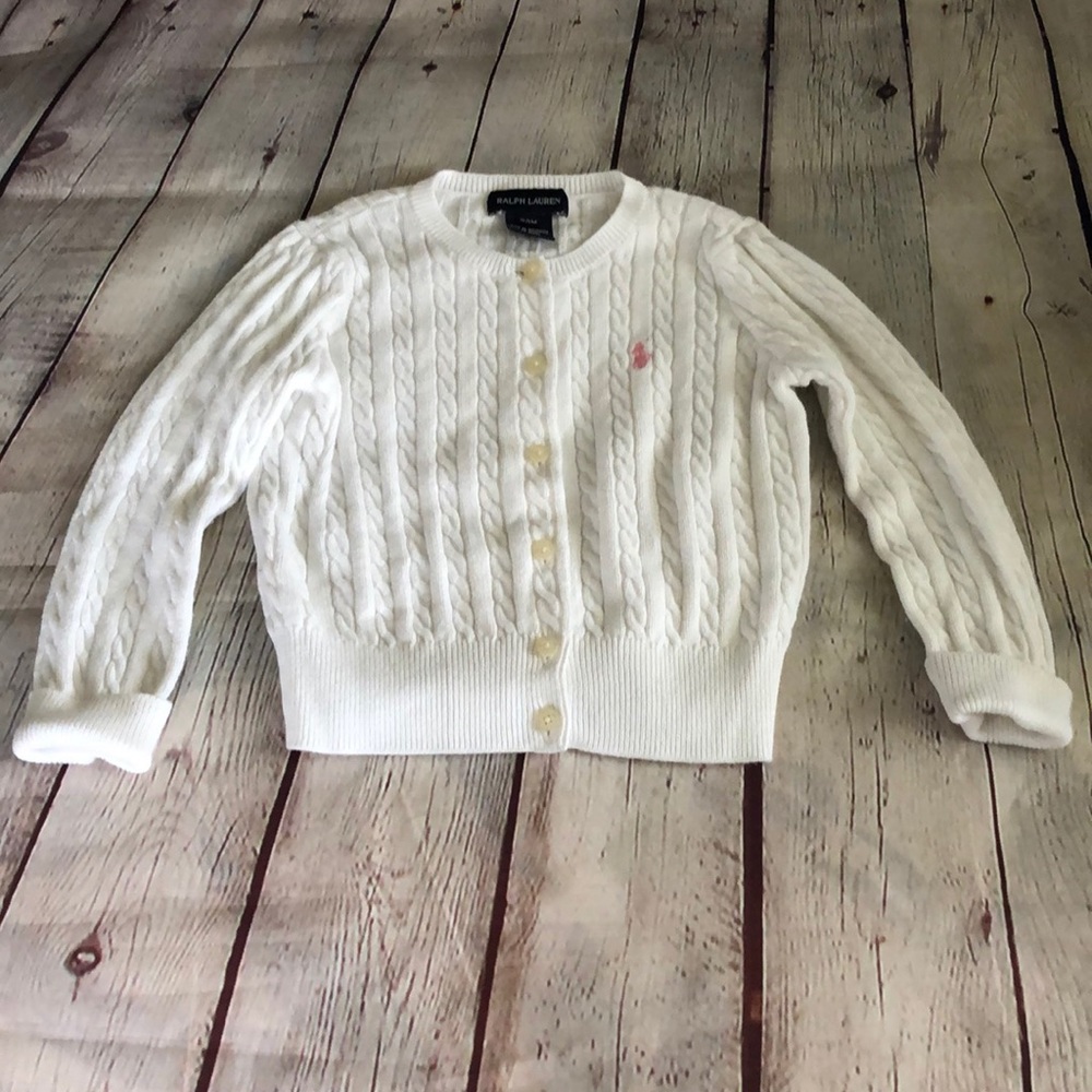 Ralph Lauren White Cable Knit Cardigan with Pink Pony